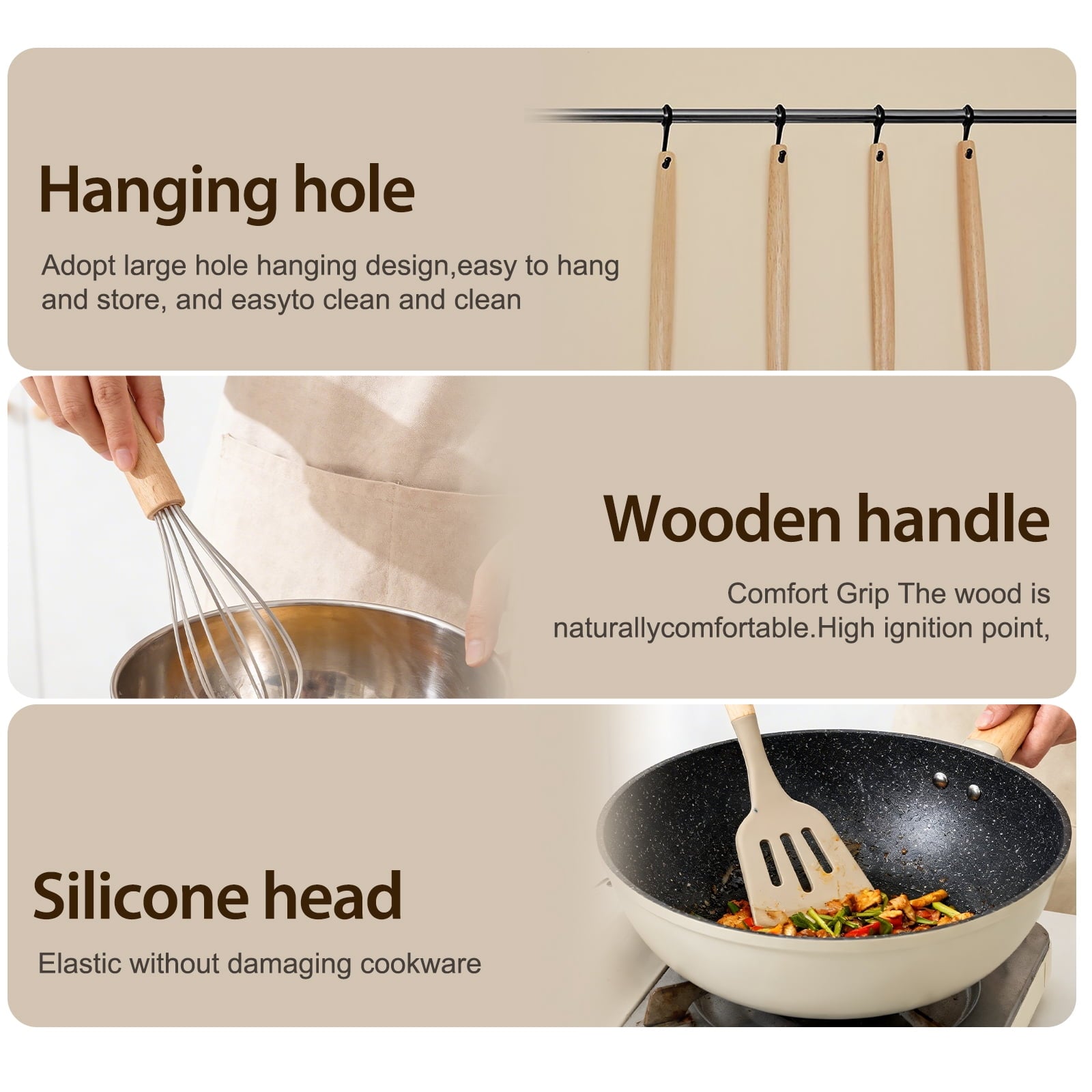 Silicone Cooking Utensils Set, Heat Resistant Kitchen Tools, 36 PCS Non-Stick Silicone Cooking Kitchen Utensils, Khaki - Image 2
