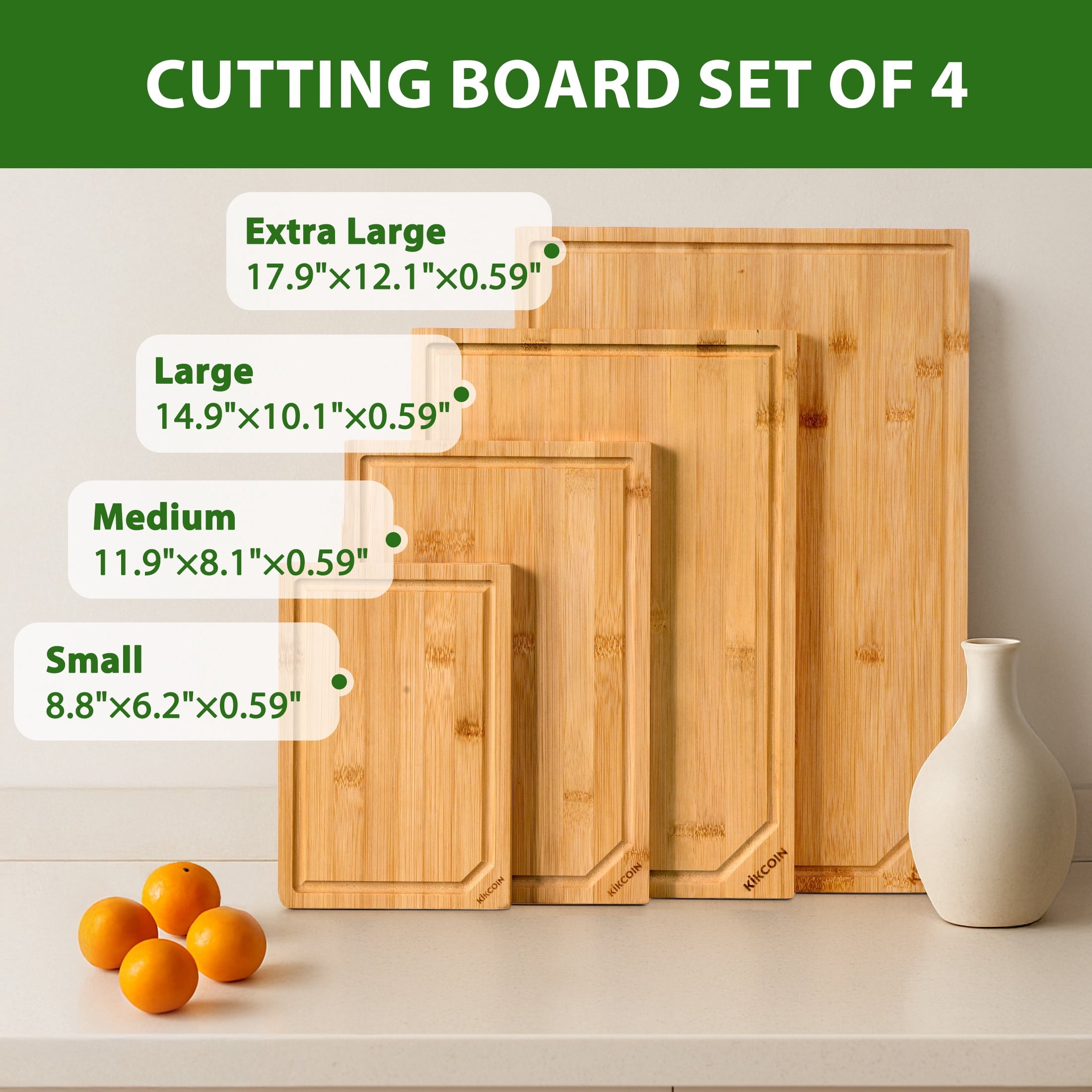 Kikcoin Cutting Board, 4 Pcs Extra Large Bamboo Cutting Boards for Kitchen, Wood Serving Tray with Juice Groove - Image 2