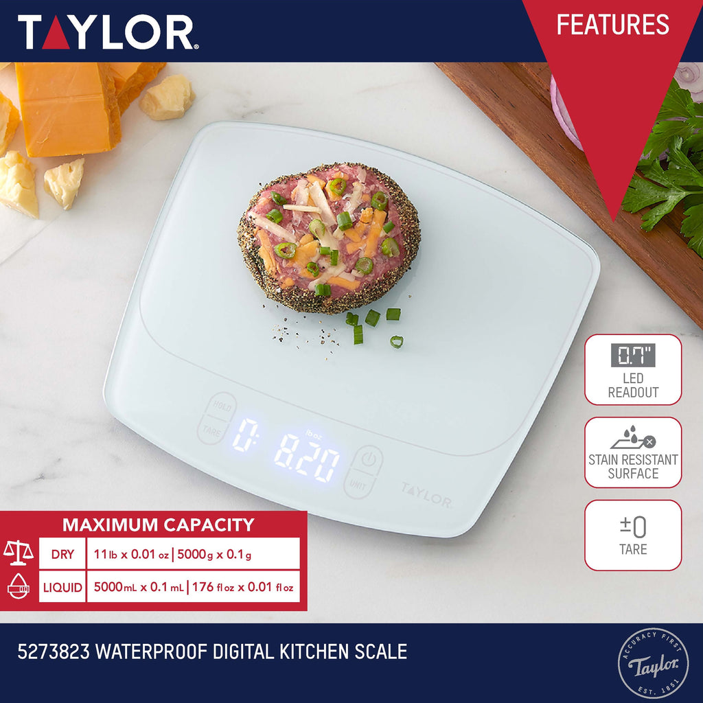 Taylor 11lb Waterproof Digital Kitchen Scale and Food Scale for Baking, Cooking, Meal Prep and Portion Sizing White - Image 2