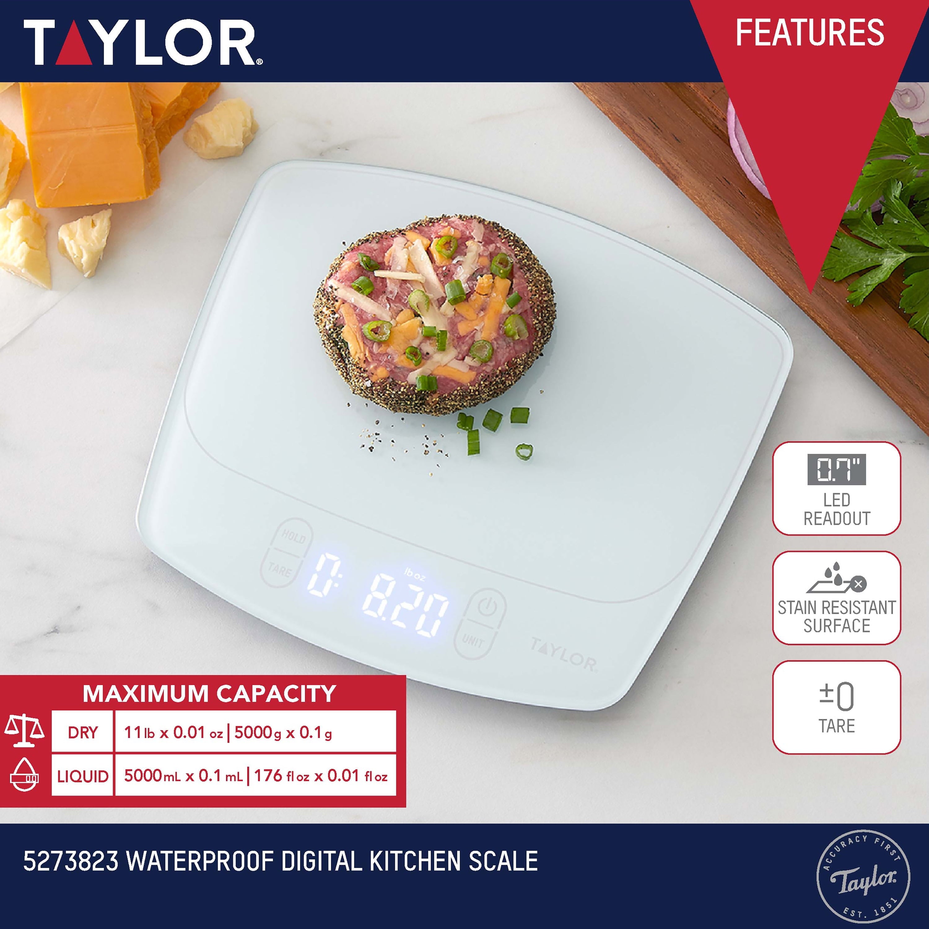 Taylor 11lb Waterproof Digital Kitchen Scale and Food Scale for Baking, Cooking, Meal Prep and Portion Sizing White - Image 2