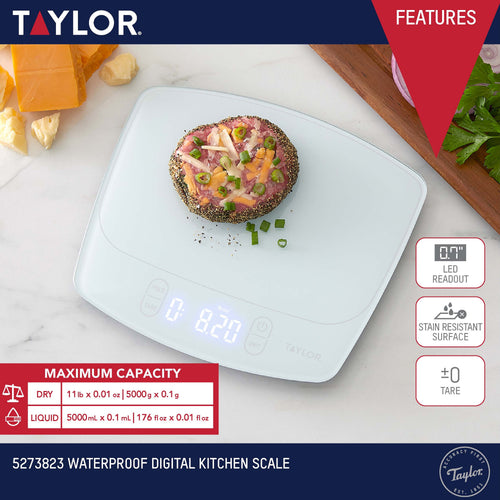 Taylor 11lb Waterproof Digital Kitchen Scale and Food Scale for Baking, Cooking, Meal Prep and Portion Sizing White - Image 2