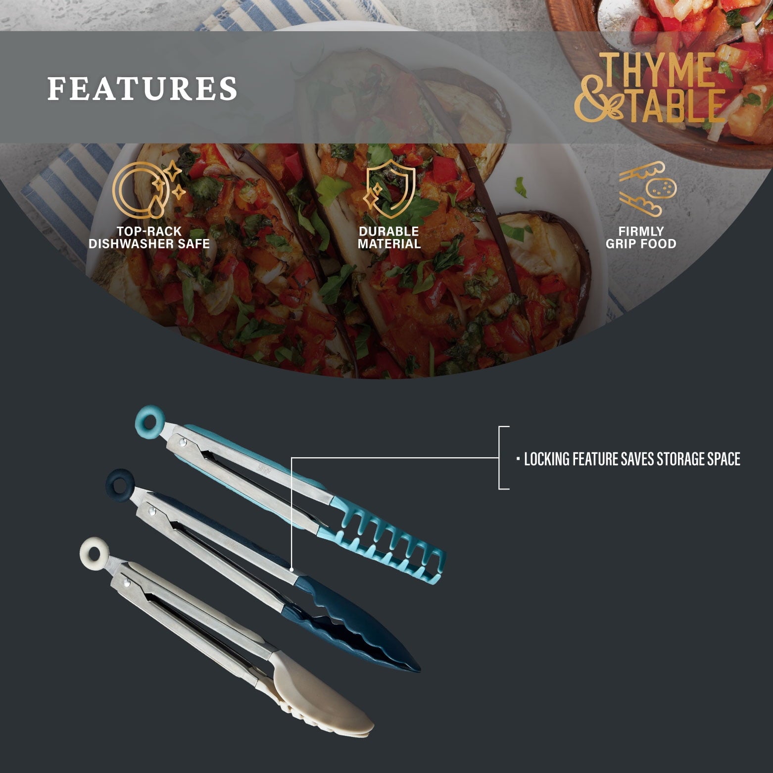 Thyme & Table Heat Resistant Silicone Locking Tongs (3 Count) - Image 5