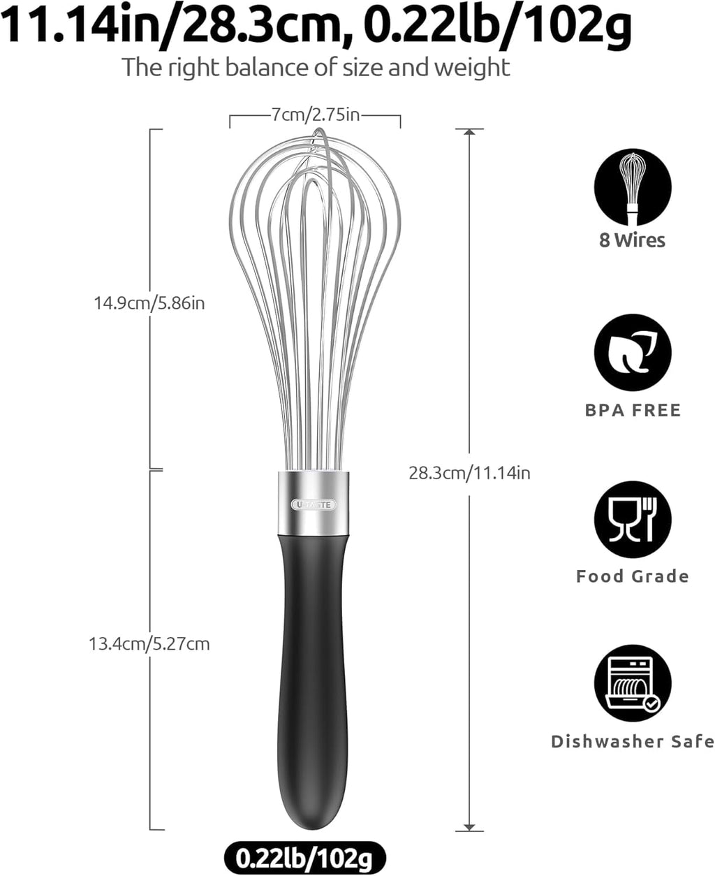 U-Taste Balloon Whisk for Cooking: 18/10 Stainless Steel Kitchen Wire Whisk, Medium Heavy Duty Egg Beater, Manual Bak... - Image 2