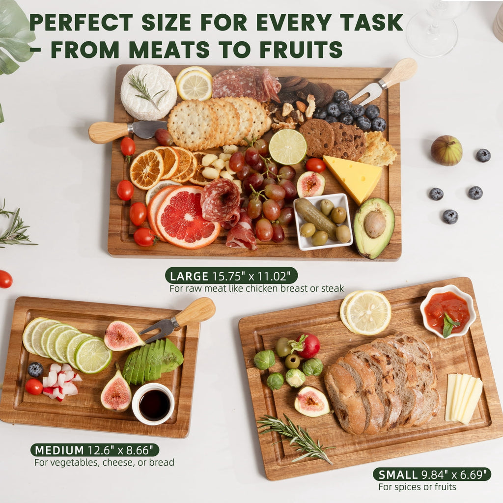 Kikcoin Acacia Wood Cutting Board, Cutting Board Set of 3 with Juice Groove, Wooden Chopping Boards for Kitchen, for ... - Image 3