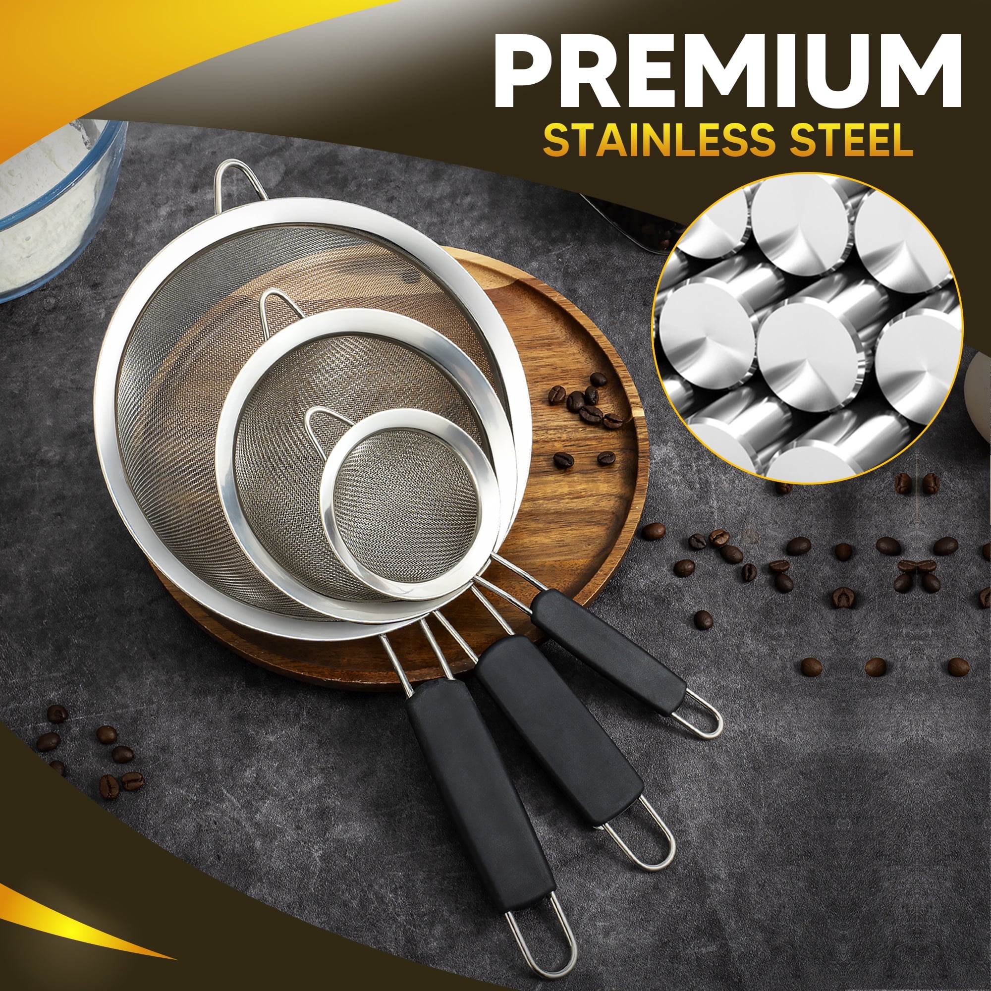 Kafoor Set of 3 Fine Mesh Strainers for Kitchen | 3.4 inch, 5.5 inch and 7.9 inch Fine Mesh Sieves - Image 3
