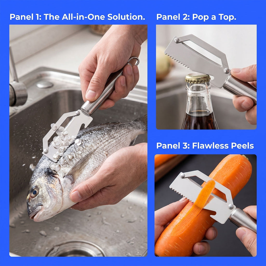 Fountwell 3-in-1 Stainless Steel Peeling Knife – Multifunctional Fruit & Vegetable Peeler, Beer Bottle Opener, Fish S... - Image 4