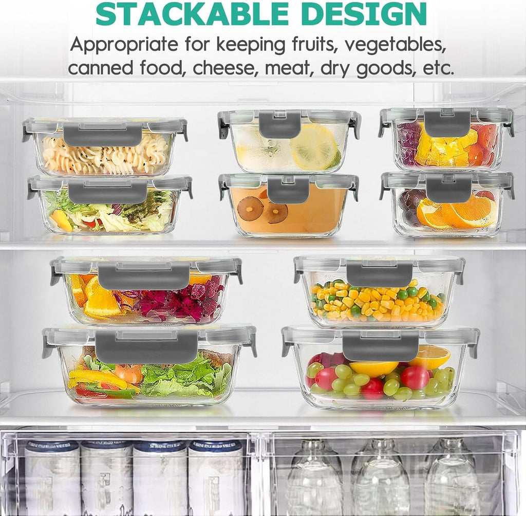 34pcs Glass Food Storage Containers with Lids Set, Airtight Meal Prep Containers (17 Containers & 17 Lids), Grey - Image 3