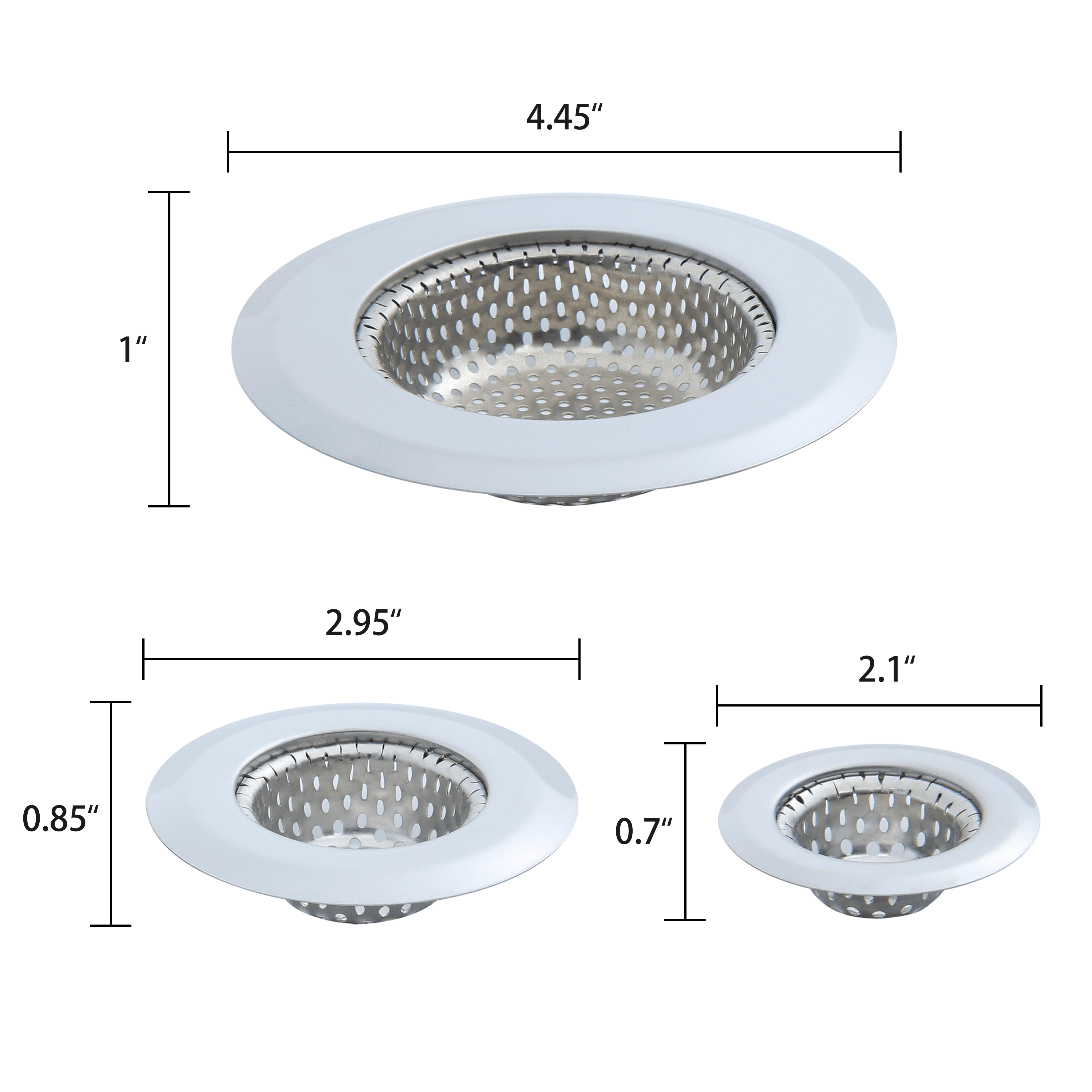 Mainstays Stainless Steel Kitchen Sink Drain Strainer Set 3 Pack 4.45", 2.95", 2.1" Silver - Image 2