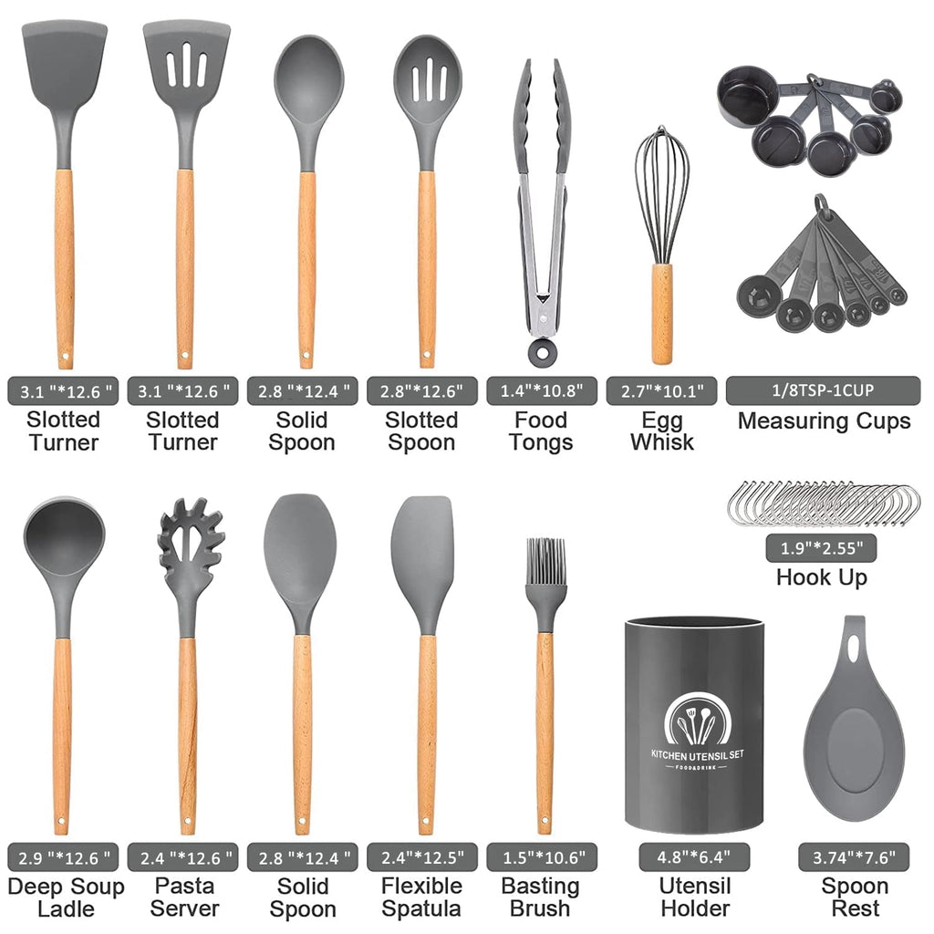 34PCS Silicone Cooking Utensils Set, 446°F Heat Resistant Wooden Handle Cooking Kitchen Utensils Spatula Set with Hol... - Image 4