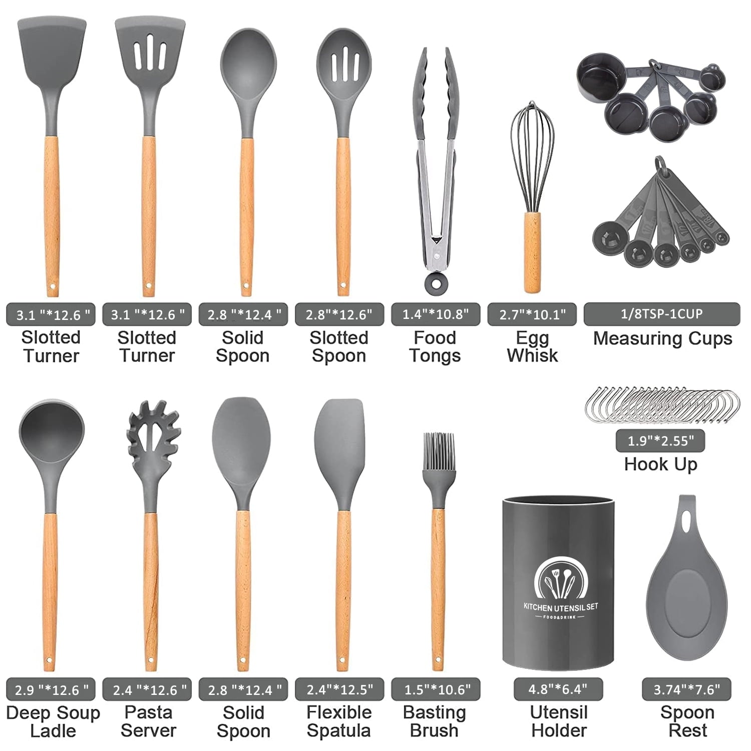 34PCS Silicone Cooking Utensils Set, 446°F Heat Resistant Wooden Handle Cooking Kitchen Utensils Spatula Set with Hol... - Image 4