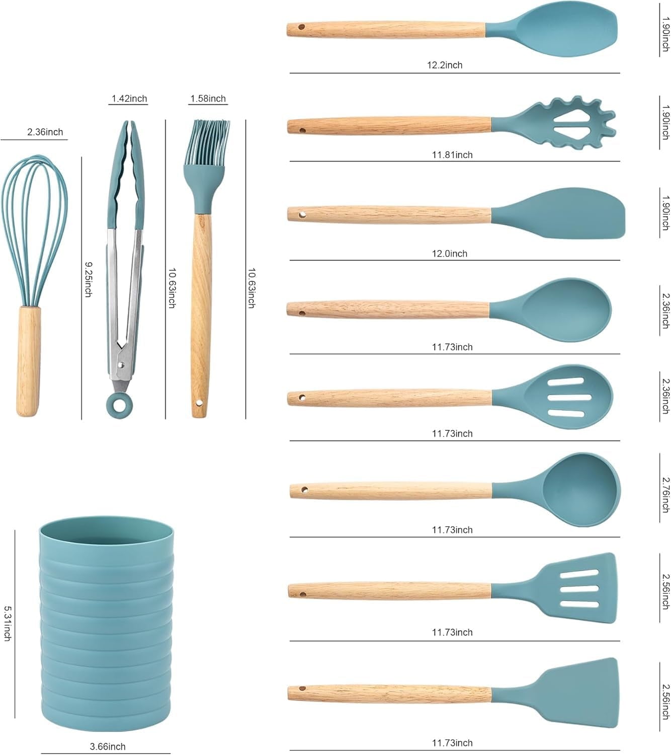 KSENDALO Small Silicone Cooking Utensils with Holder Set (12Pack), Aqua Kitchen Tools with Wooden Handle for Nonstick... - Image 3