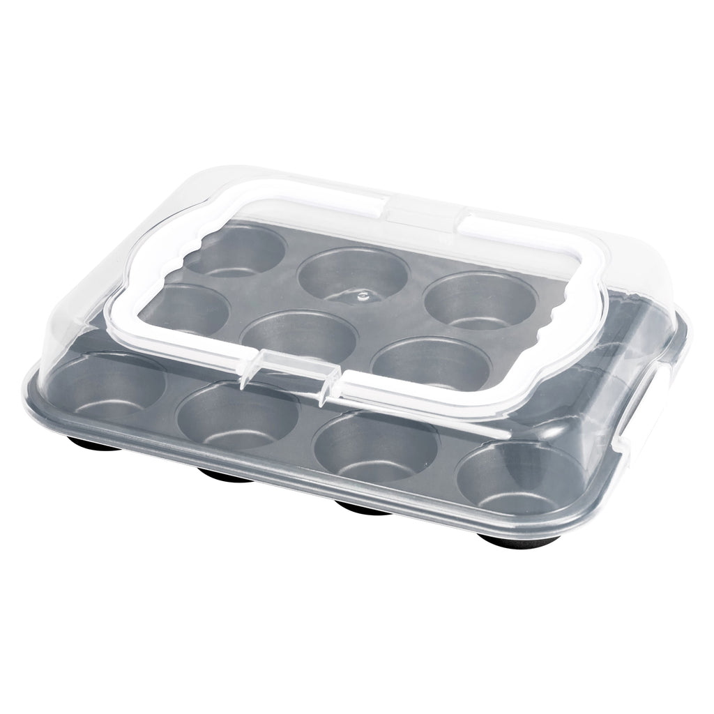 Mainstays 12 Cup Muffin Pan with Covered Carrier, Carbon Steel Bakeware, Plastic Cover - Image 2
