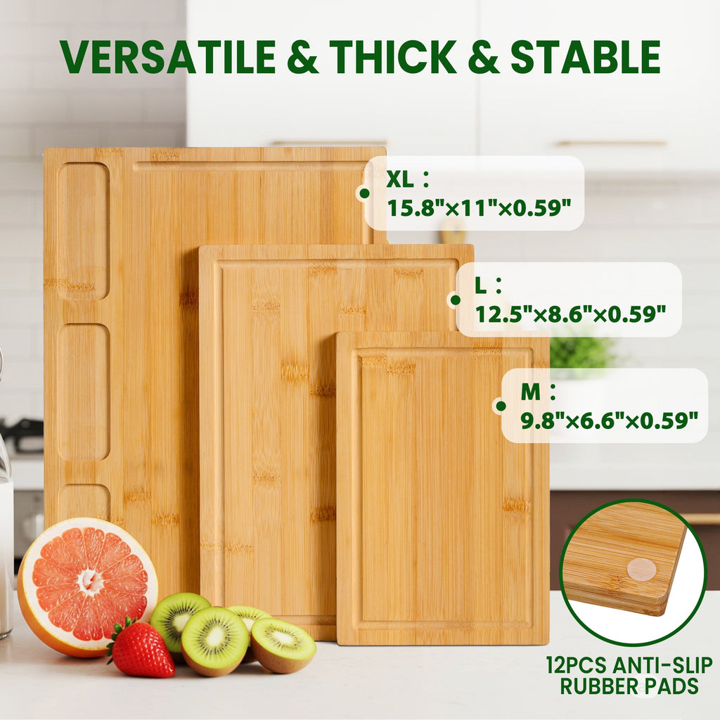 Kikcoin Bamboo Cutting Board Set of 3, Heavy Duty Kitchen Chopping Boards with Juice Grooves, Reversible Charcuterie ... - Image 2