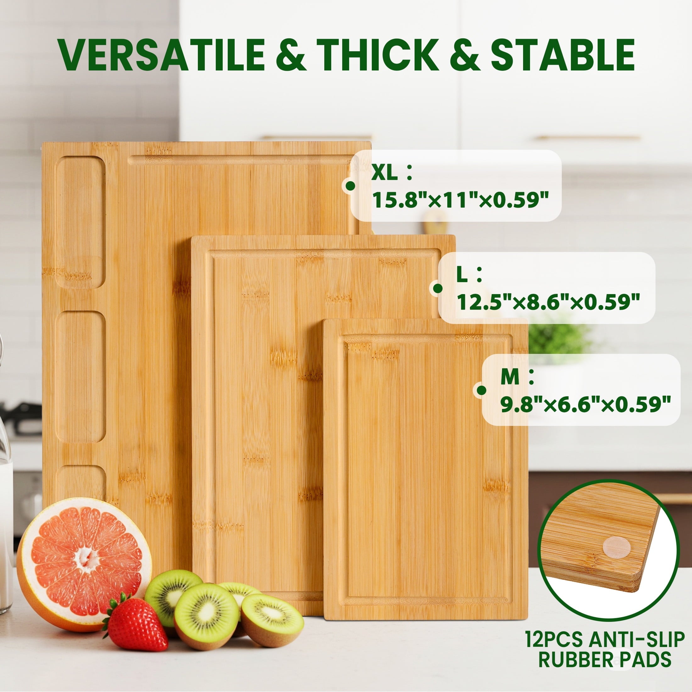 Kikcoin Bamboo Cutting Board Set of 3, Heavy Duty Kitchen Chopping Boards with Juice Grooves, Reversible Charcuterie ... - Image 2