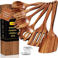 ACMETOP 6-Piece Natural Teak Wooden Spoons for Cooking With 10 Hooks，Handcrafted Kitchen Utensils Set ，Ideal Gift Set