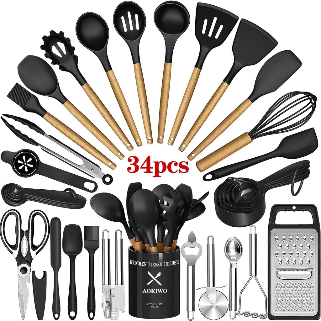 Kitchen Utensil Set, AOKIWO 34Pieces Silicone Cooking Utensil Set with Wooden Handle, Heat Resistant Spatula Set Gadg...