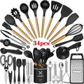 Kitchen Utensil Set, AOKIWO 34Pieces Silicone Cooking Utensil Set with Wooden Handle, Heat Resistant Spatula Set Gadg...