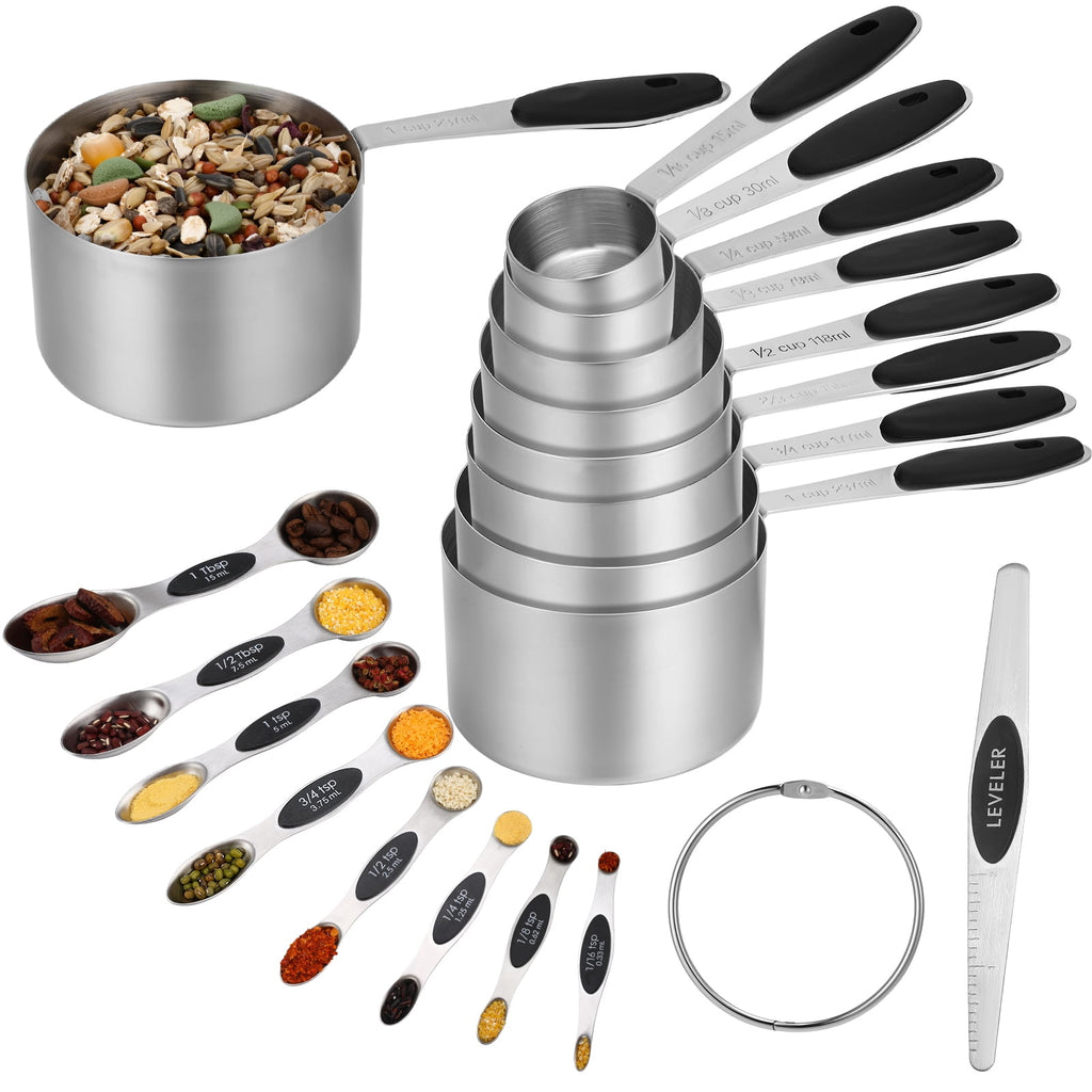 AOWOO 17 Pieces Measuring Cups and Magnetic Measuring Spoons Set Stainless Steel, 8 Measure Cups with Silicone Handle...