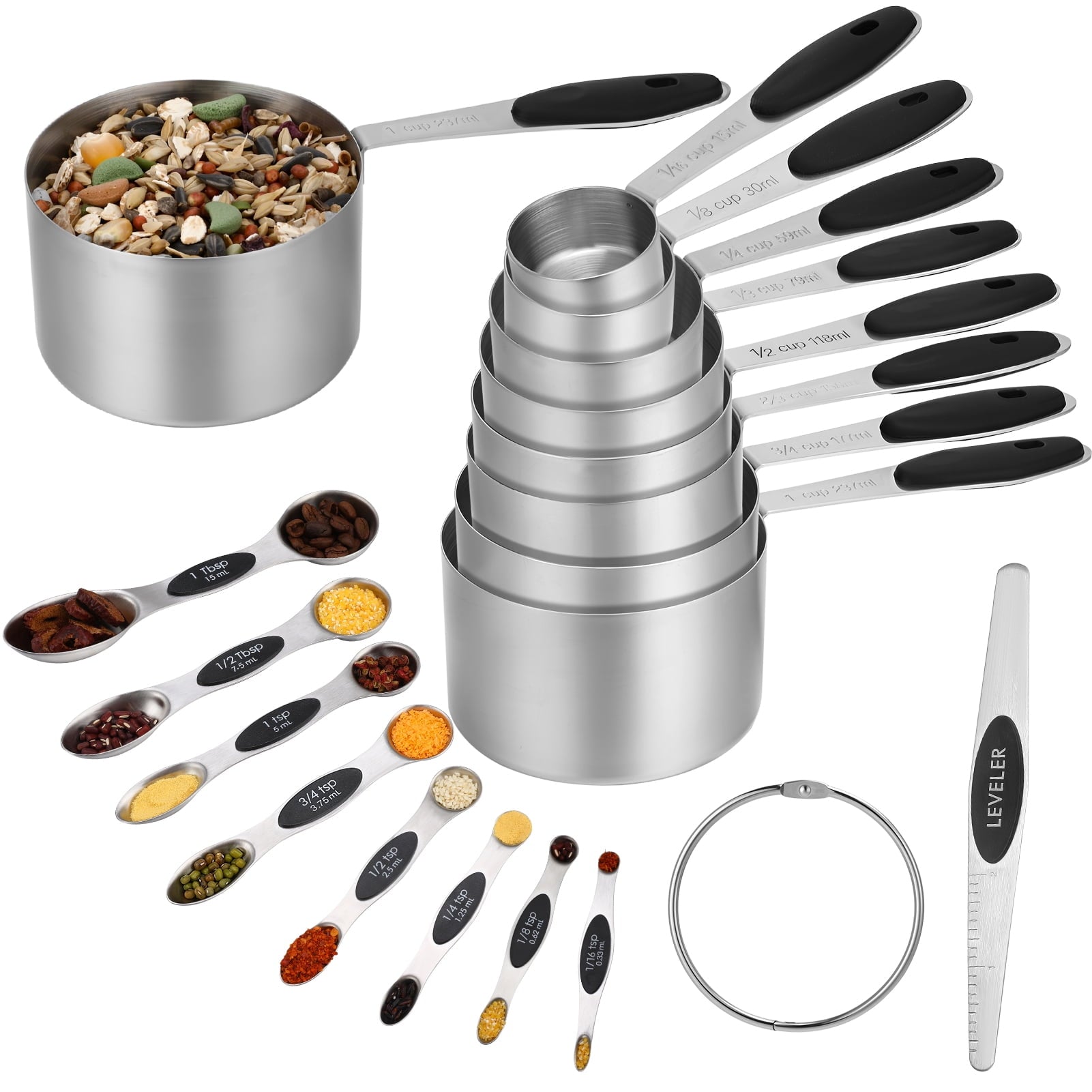 AOWOO 17 Pieces Measuring Cups and Magnetic Measuring Spoons Set Stainless Steel, 8 Measure Cups with Silicone Handle...