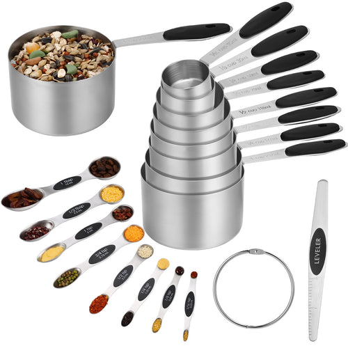 AOWOO 17 Pieces Measuring Cups and Magnetic Measuring Spoons Set Stainless Steel, 8 Measure Cups with Silicone Handle...