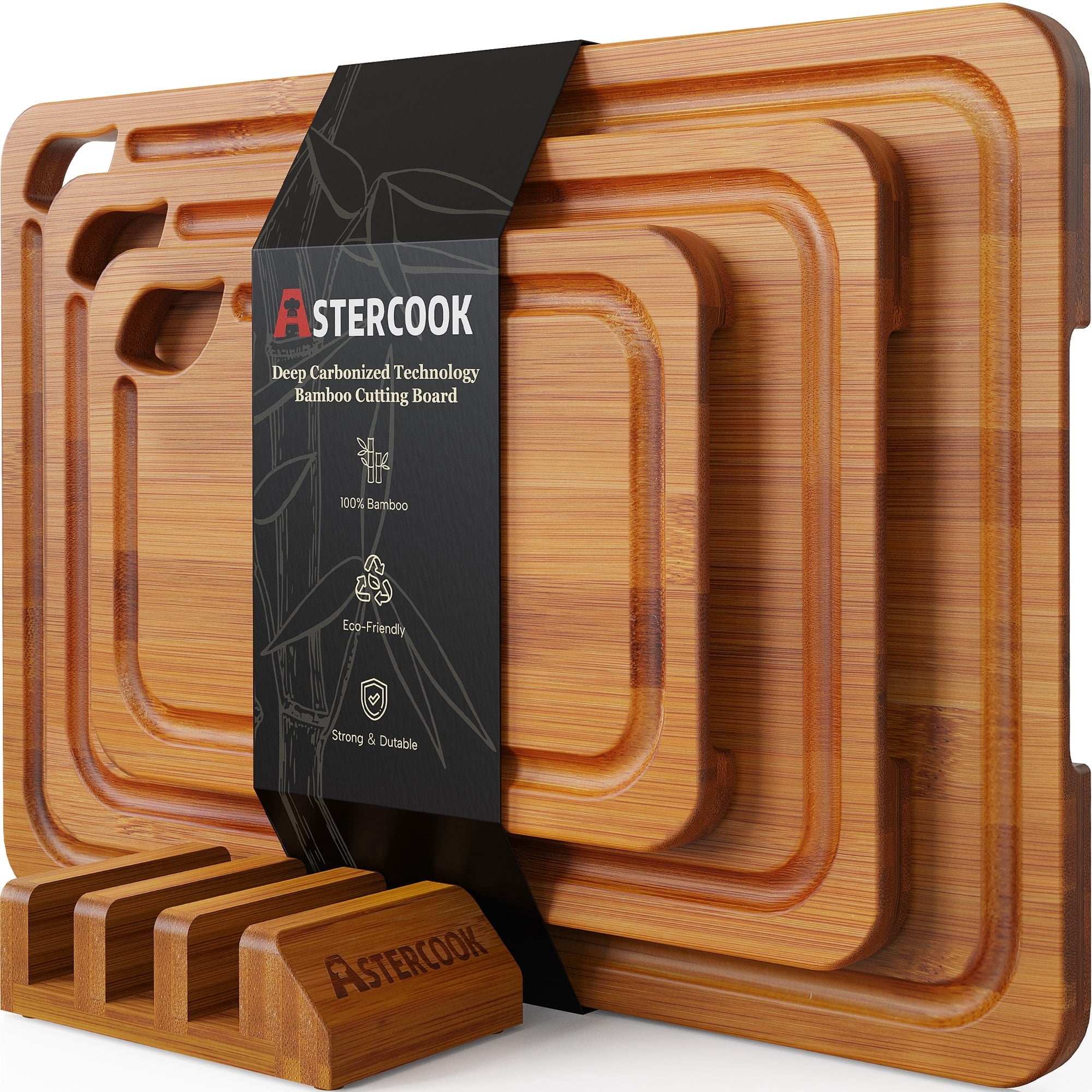 Astercook 4-Pieces Wood Cutting Board, Bamboo Chopping Board for Kitchen with Holder, Cutting Boards Set with Juice G...
