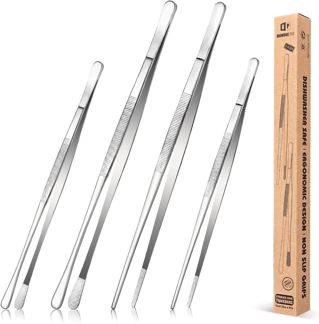 Bundlepro 4 Pcs 10'' 12'' Kitchen Fine Tweezers Tongs for Grilling Cooking Serving,Hand Wash,Silver