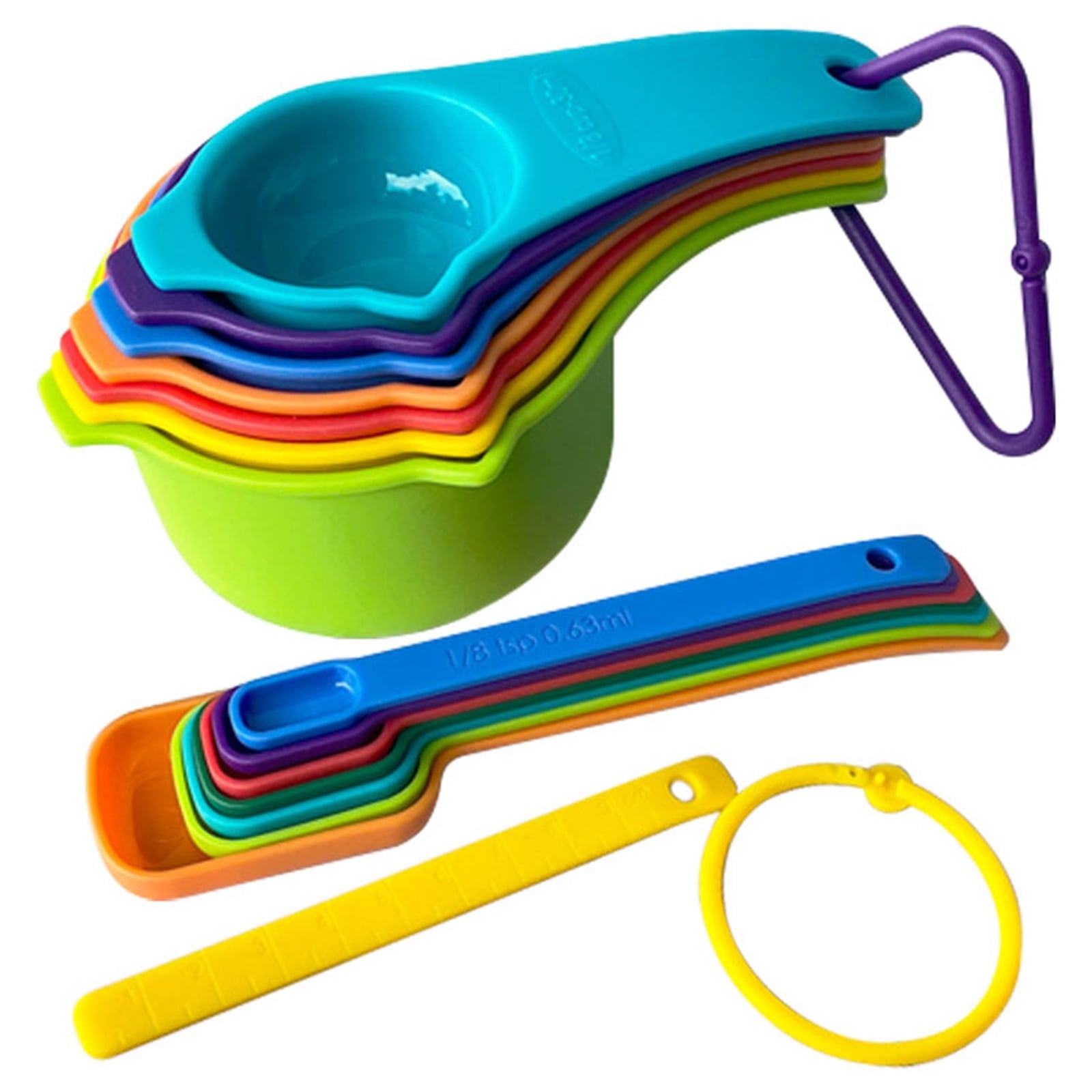 Clearance! JATOK Plastic Measuring Cups and Spoons Set Measuring Cups Set with Spout & Leveler 15 Pcs Colorful Kitche...