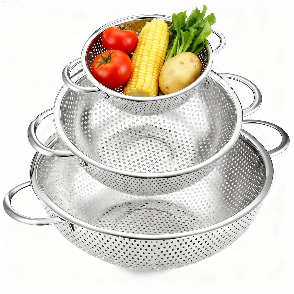 Colander Set of 3, AOKIWO Stainless Steel Micro-Perforated Colanders Strainers for Draining Rinsing Washing, Ideal fo...