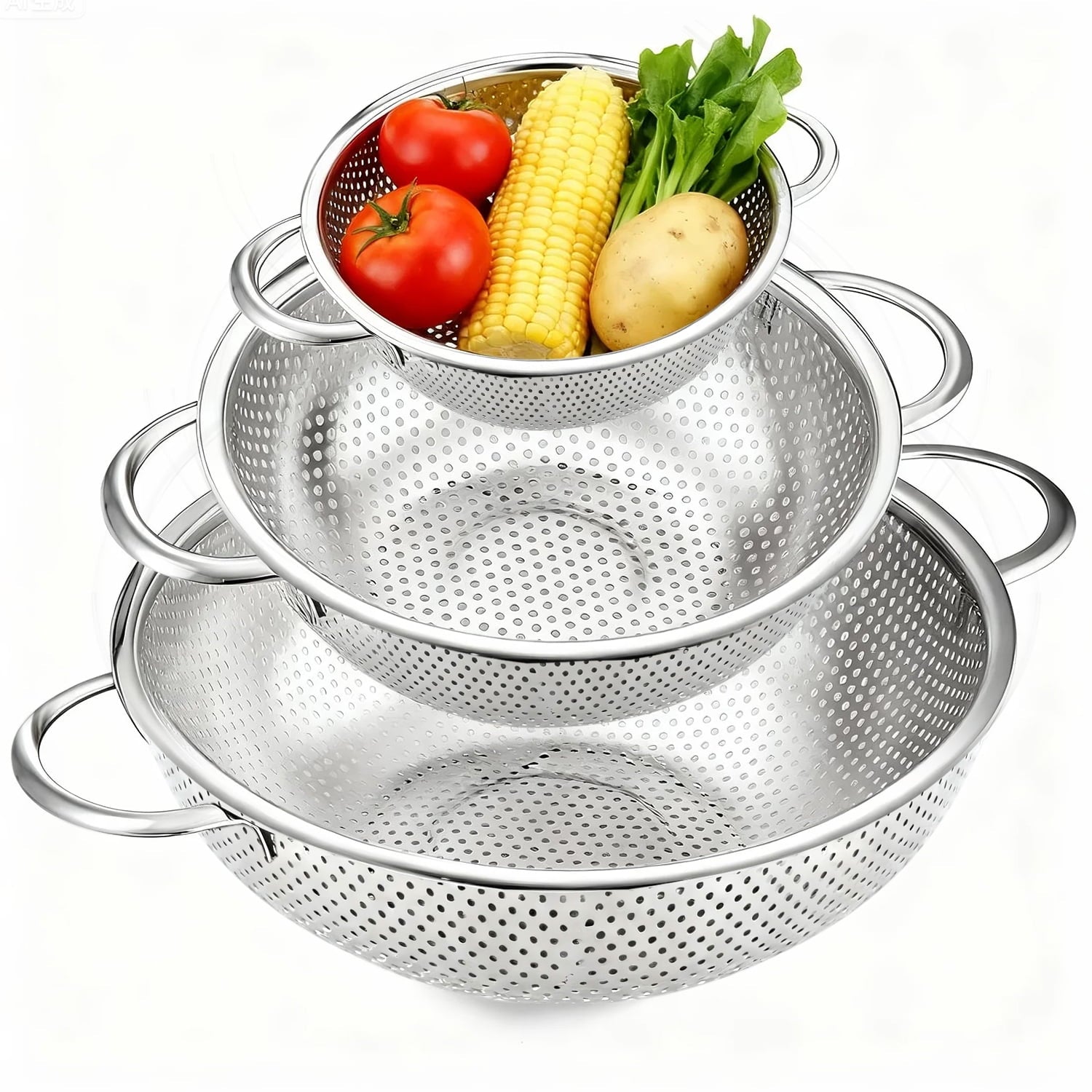 Colander Set of 3, AOKIWO Stainless Steel Micro-Perforated Colanders Strainers for Draining Rinsing Washing, Ideal fo...