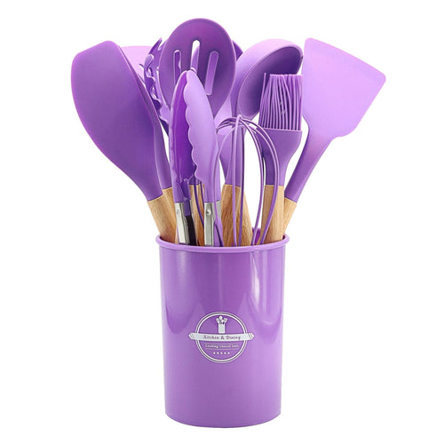 EGYMEN 12Pcs Cooking Kitchen Utensils Set with Holder,Wooden Handles Cooking Tool,BPA Free,Non Toxic Turner Tongs Spa...