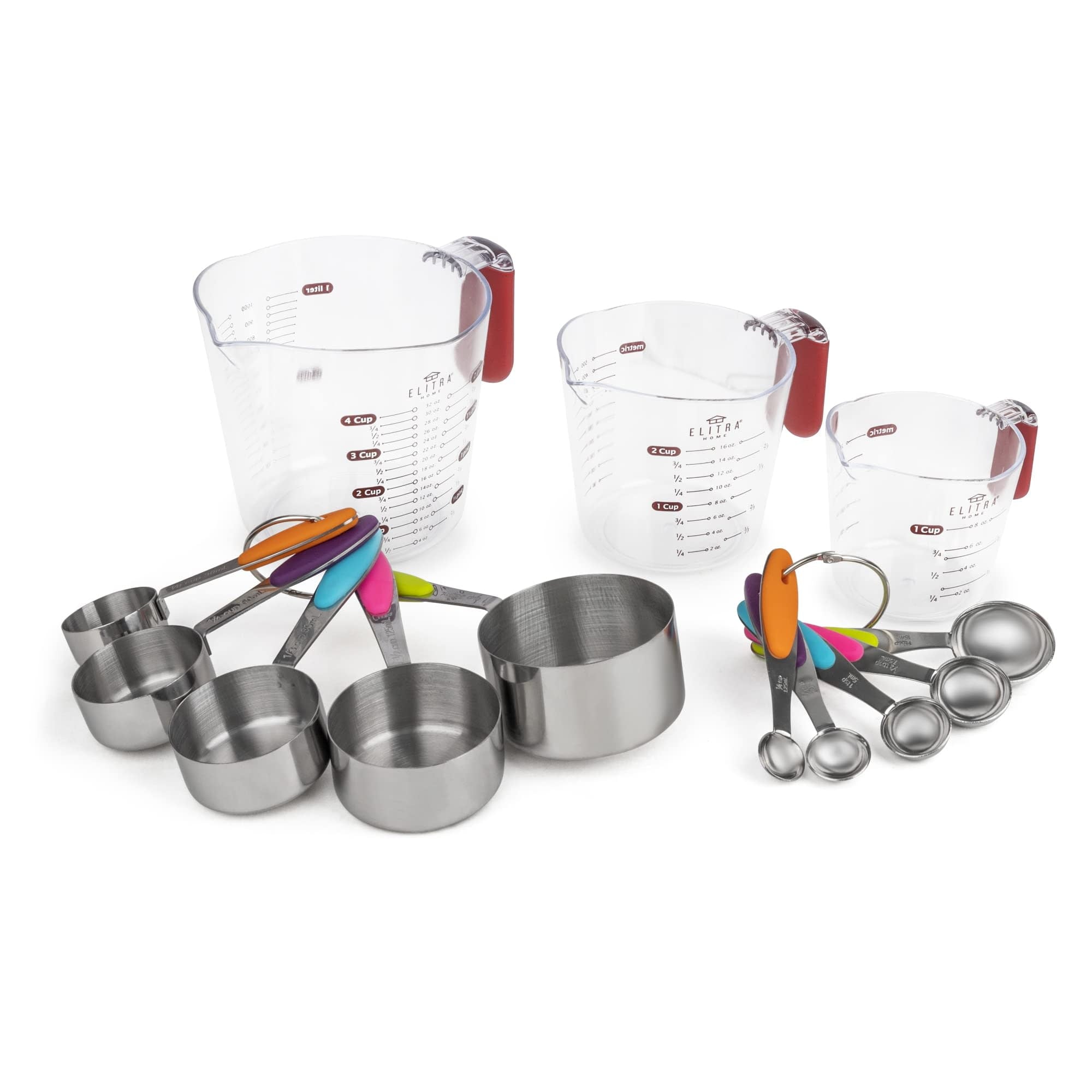 Elitra Home Complete Measuring Set, 13-Pack Stainless Steel Cups, Spoons, Plastic Measuring Pitchers with Spout - Eng...