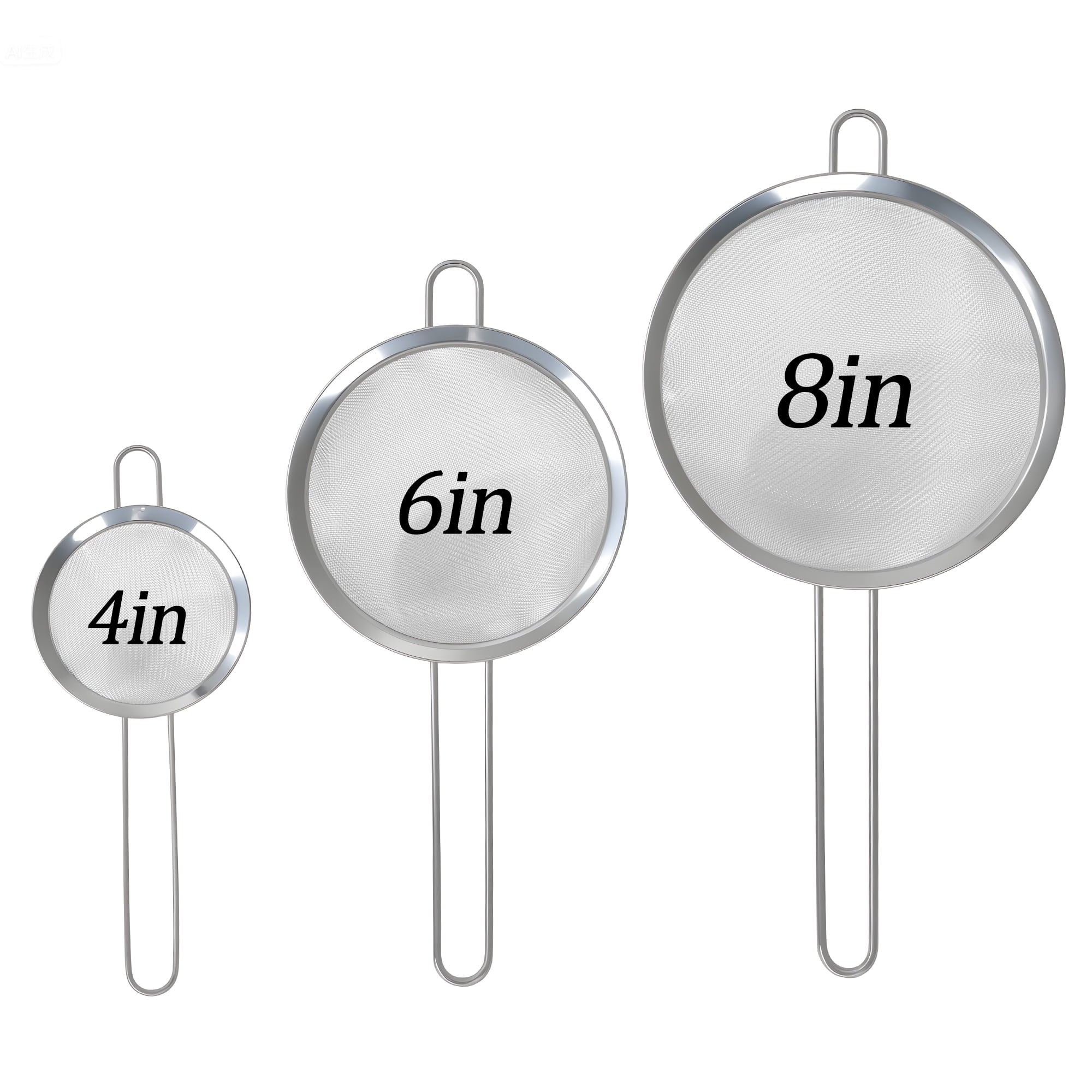 GARITIN 3-Piece Stainless Steel Fine Mesh Strainer Set, 4", 6", and 8", Kitchen Thin Mesh Strainer for Tea Flour Suga...