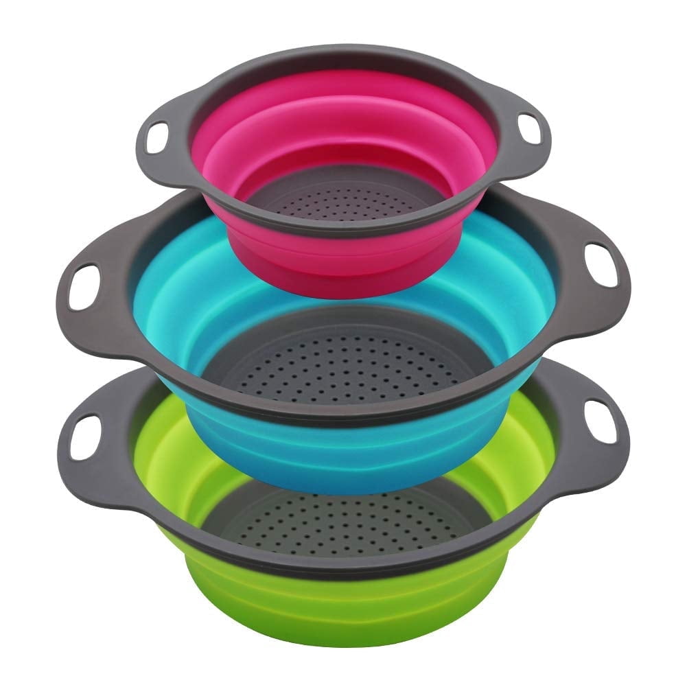Gimgong Collapsible Silicone Colander, Round Food Strainers, 2 Pcs 4 Quart and 1 Pcs 2 Quart, Set of 3 (green,blue, p...