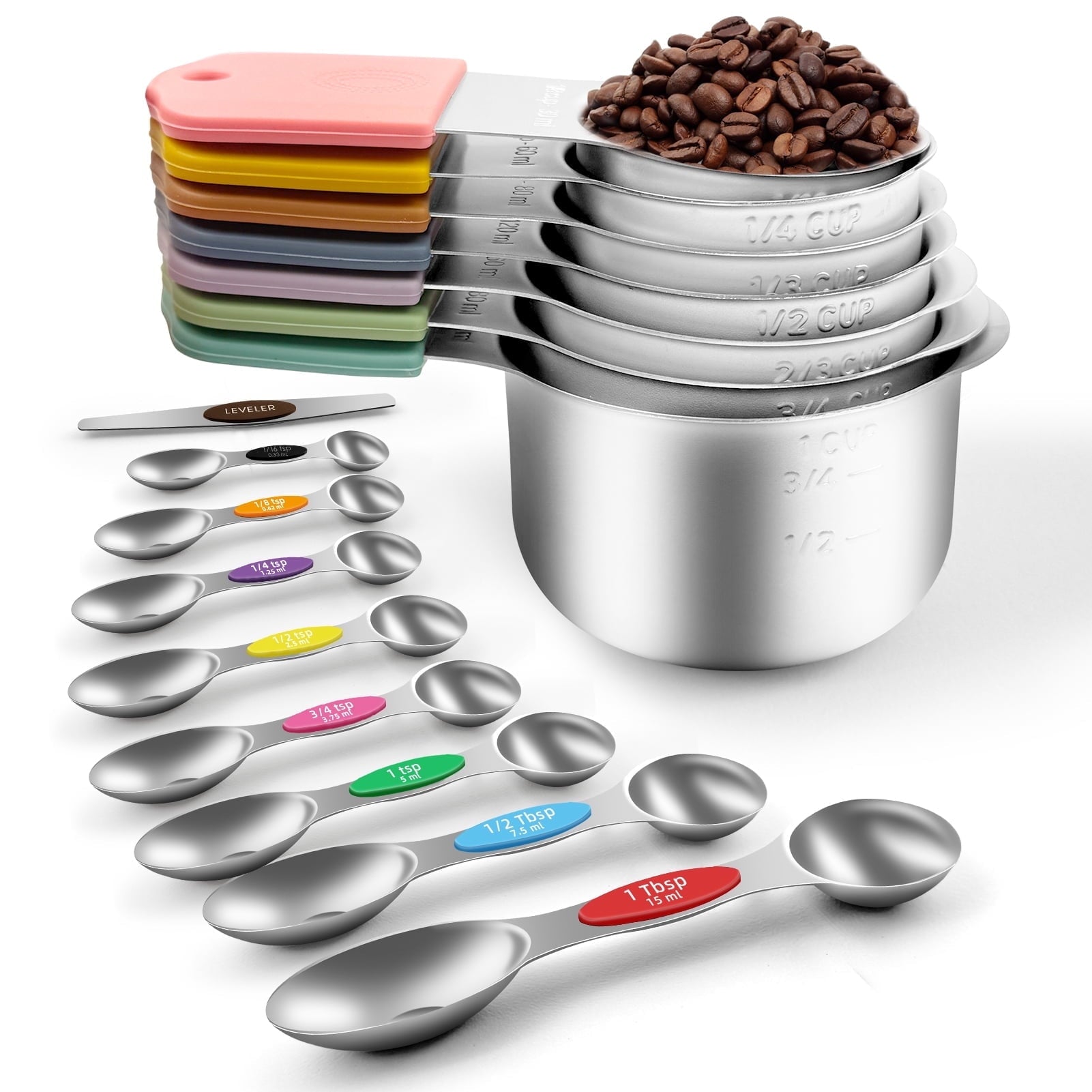 Godance Magnetic Measuring Cups and Spoons Set Including 7 Stainless Steel Stackable Measuring Cup 8 Double Sided Mag...