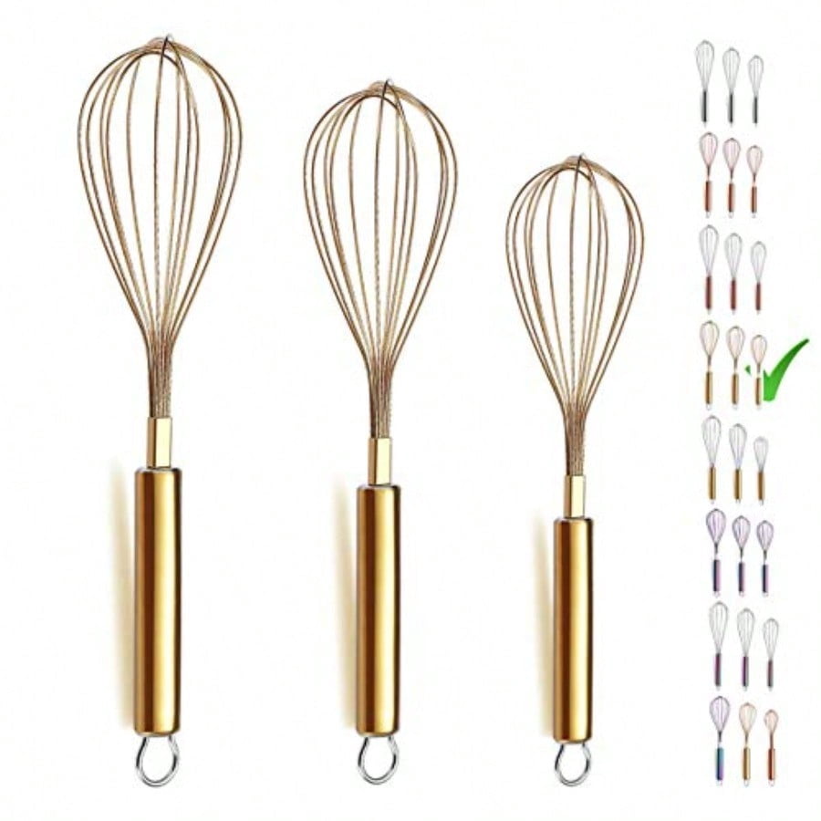 Gold Whisk Pack of 3 Stainless Steel 8"10" 12" Titianium Plating Whisks for Cooking Beater Wire Whisk Set Kitchen Wis...