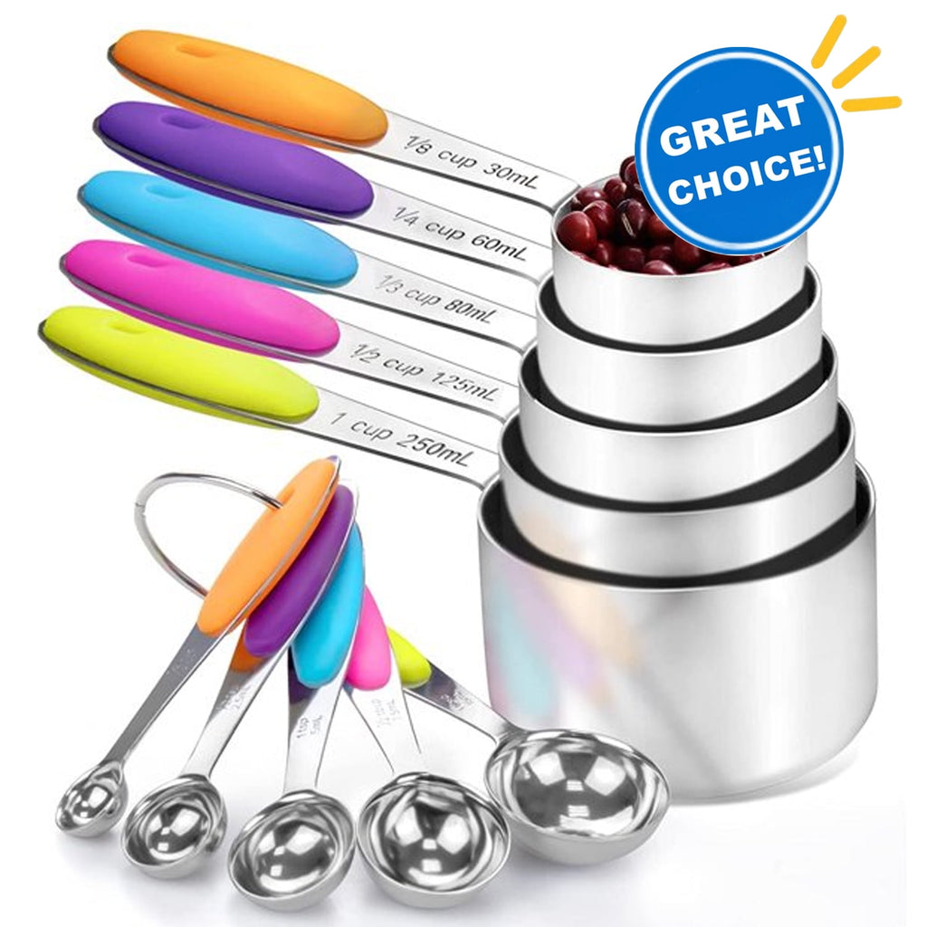 Howarmer Stainless Steel Measuring Cups and Spoons Set, 10 Piece Measuring Spoons and Cups with Soft Silicone Handles...