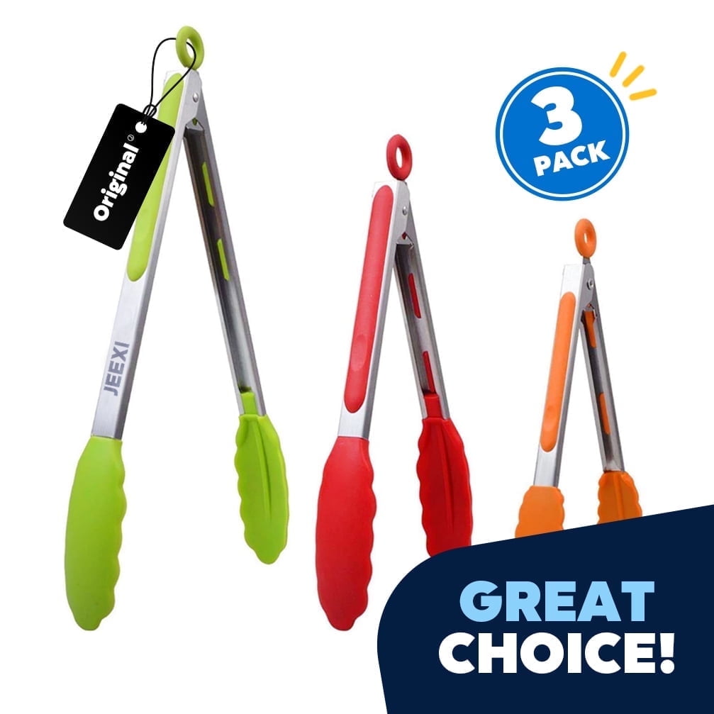 JEEXI Colorful Kitchen Tongs for Cooking with Silicone Tips Stainless Steel Tongs 450℉ Locking Set 3, Cooking Serving...