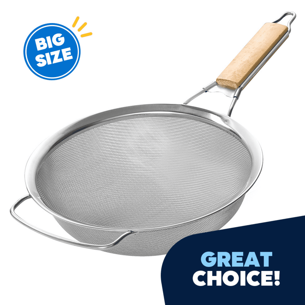 JEEXI Fine Mesh Strainer with Wooden Handle - 8.6 Inch Stainless Steel Sieve for Straining, Sifting, and Rinsing - Du...