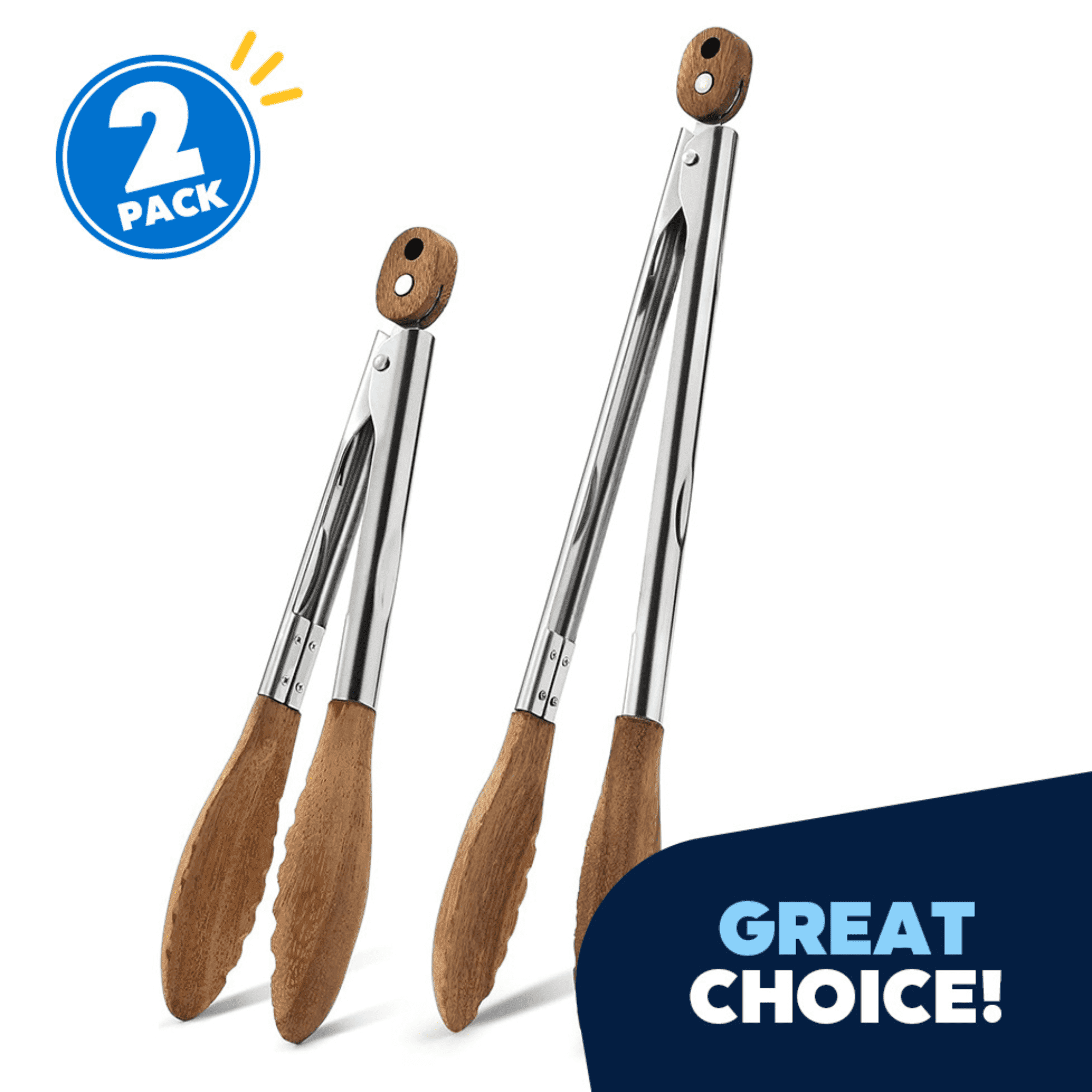 JEEXIWood Kitchen Tongs Set Stainless Steel with Acacia Wood Tips, 2-Pack (9 & 12) Heat Resistant up to 600F, Non-Scr...