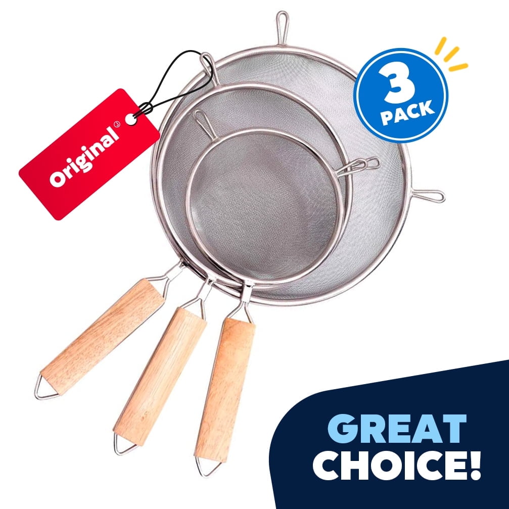 JEEXI Set of 3 Premium Strainers - Sieve Mesh Extra Fine Stainless Steel Strainers, Wooden Handles, Ideal to Strain P...