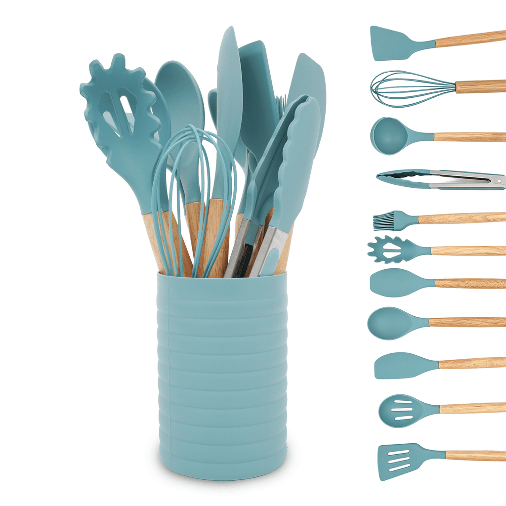 KSENDALO Small Silicone Cooking Utensils with Holder Set (12Pack), Aqua Kitchen Tools with Wooden Handle for Nonstick...
