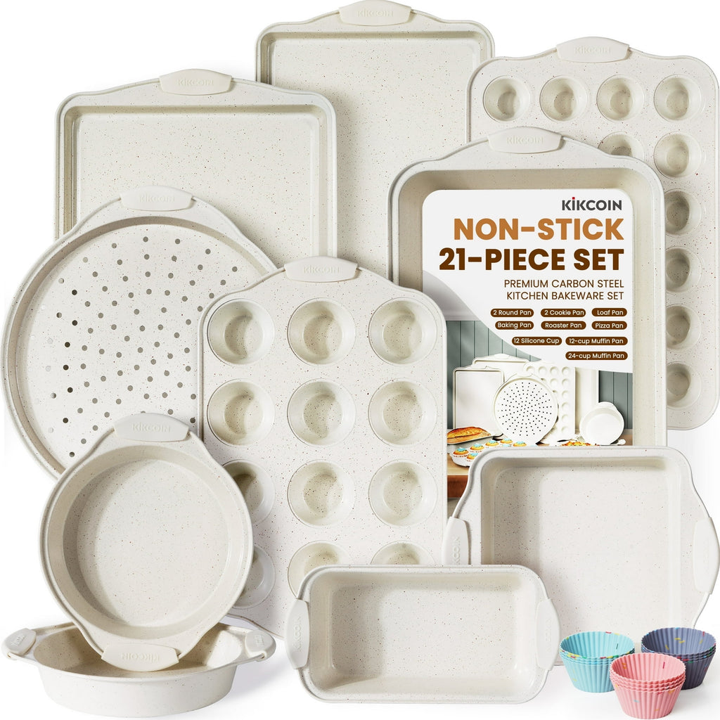 Kikcoin Bakeware Set, 21-Piece Baking Pans Set Kitchen Carbon Steel Baking Sheet Pans with Silicone Handles, Cookie S...