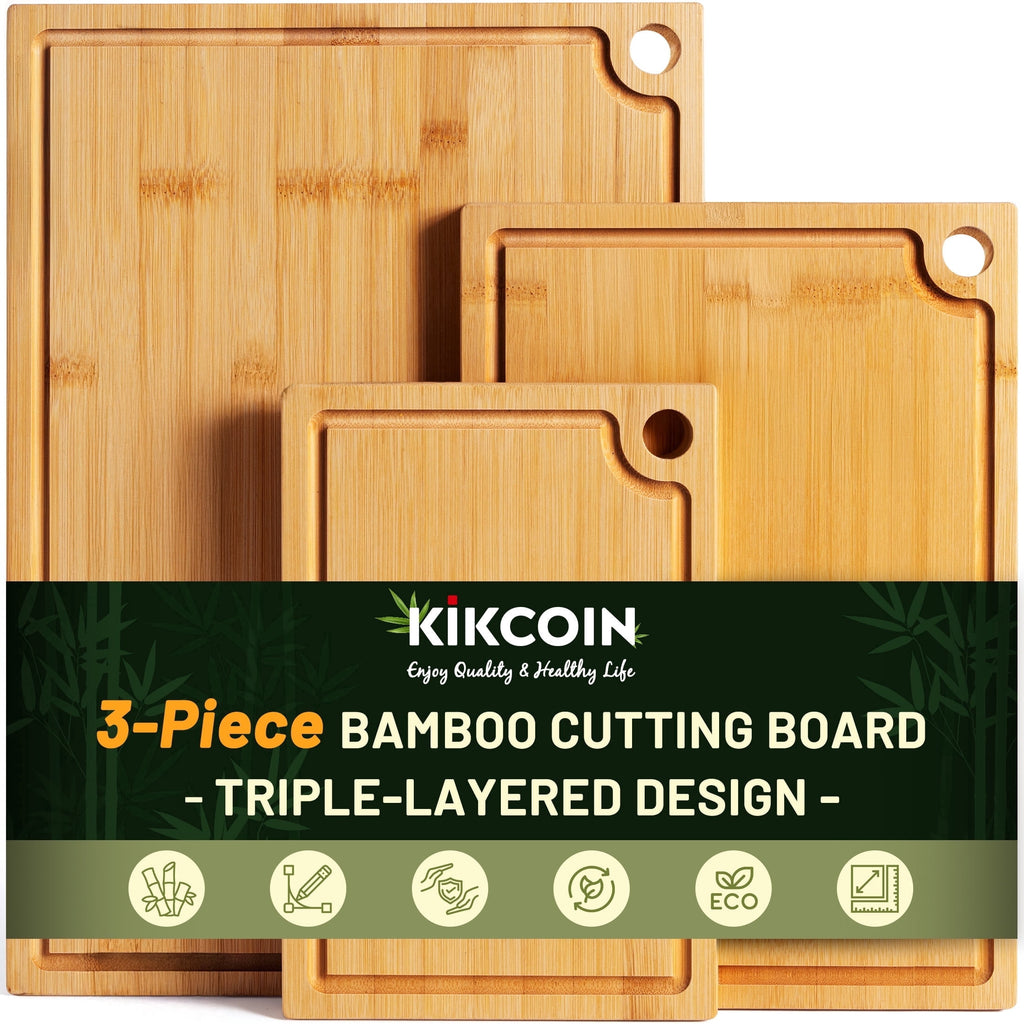 Kikcoin Bamboo Cutting Board, 3 Pcs Cutting Board with 3 Hooks, Wood Chopping Boards for Kitchen, Deep Juice Groove f...