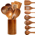 Kisportee Wooden Spoons for Cooking, 8 Pcs Natural Teak Wooden Utensils Set, Non-Stick & Heat Resistant Durable Wood ...