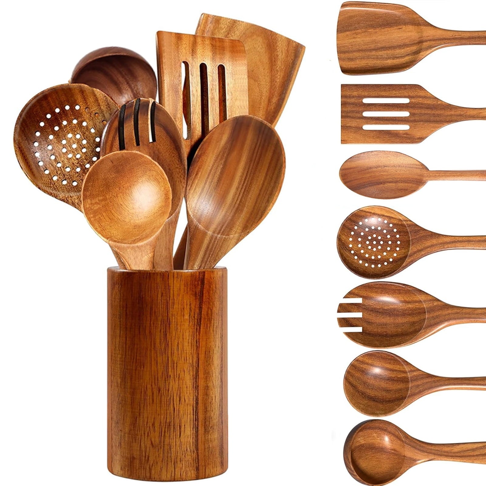 Kisportee Wooden Spoons for Cooking, 8 Pcs Natural Teak Wooden Utensils Set, Non-Stick & Heat Resistant Durable Wood ...