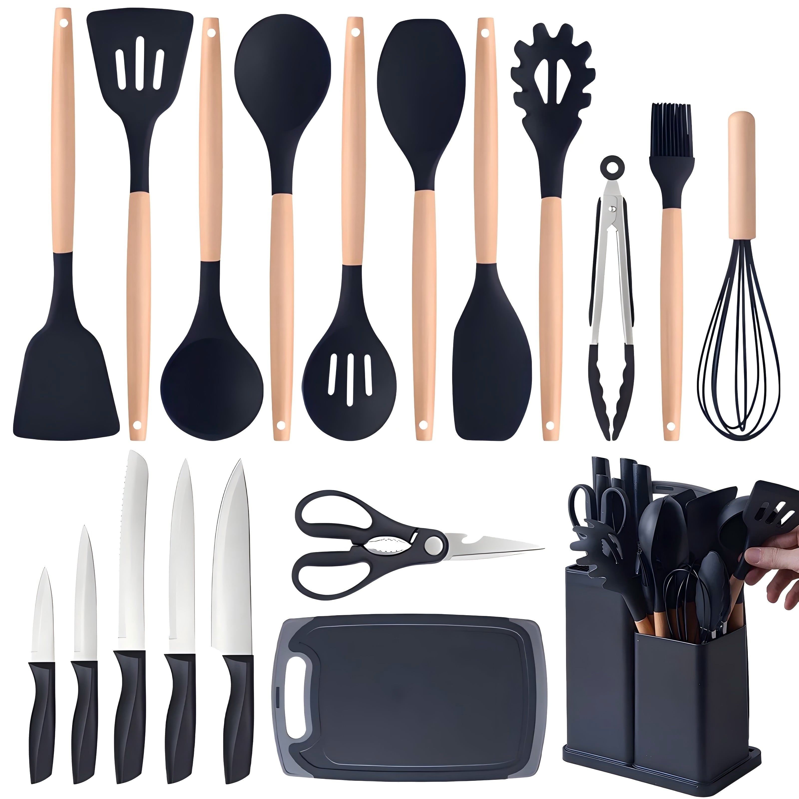 Kitchen Utensils Set- 19 Pcs Silicone Cooking Utensils Set for Nonstick Cookware-Silicone Spatulas Set, Kitchen Gadge...