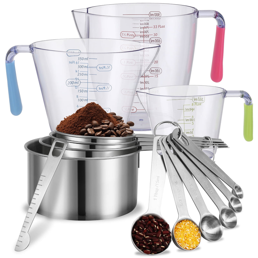 LUIISIS 14-Piece Measuring Cups and Spoons Set, Nesting Stainless Steel Measuring Cups Spoons with Plastic Measuring ...