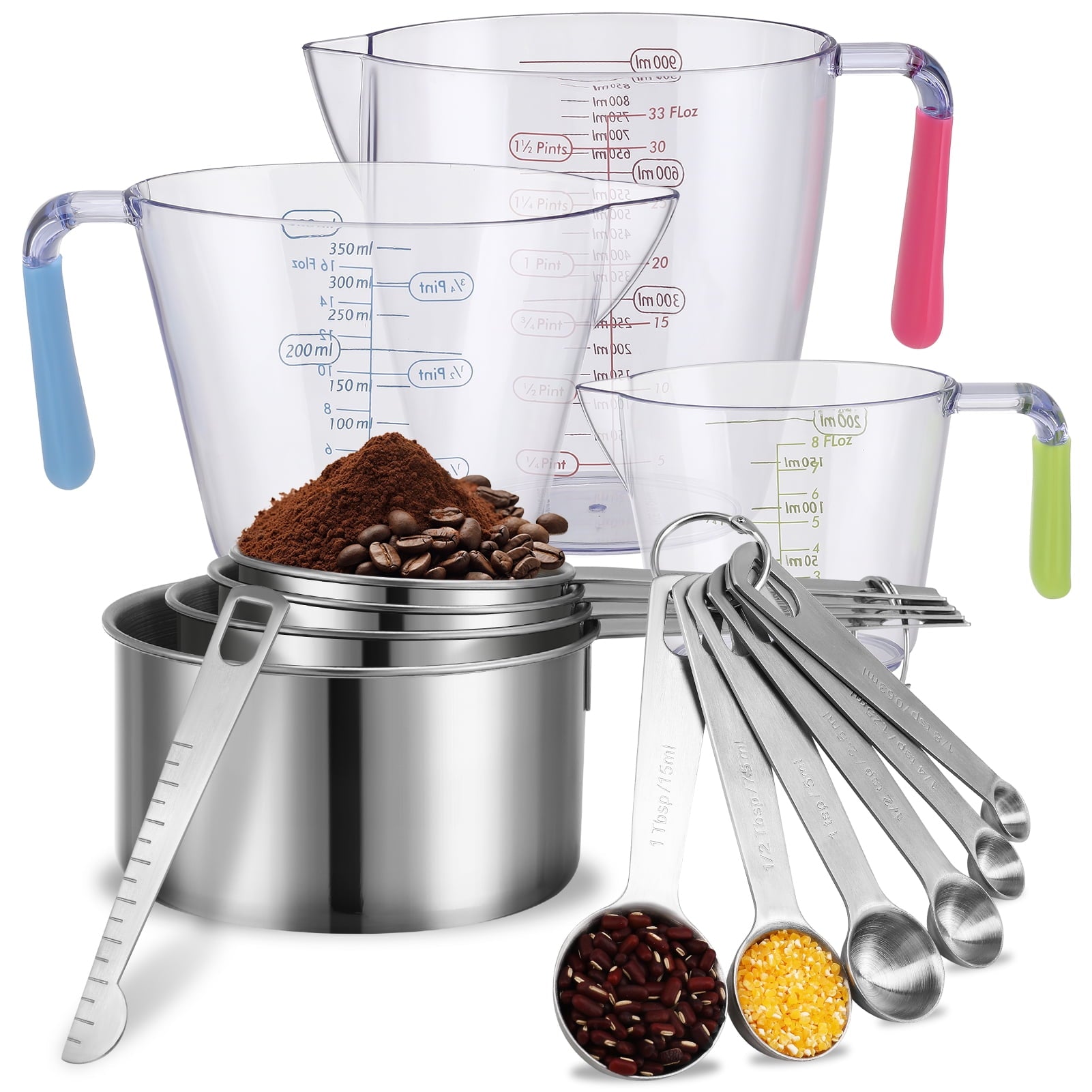 LUIISIS 14-Piece Measuring Cups and Spoons Set, Nesting Stainless Steel Measuring Cups Spoons with Plastic Measuring ...