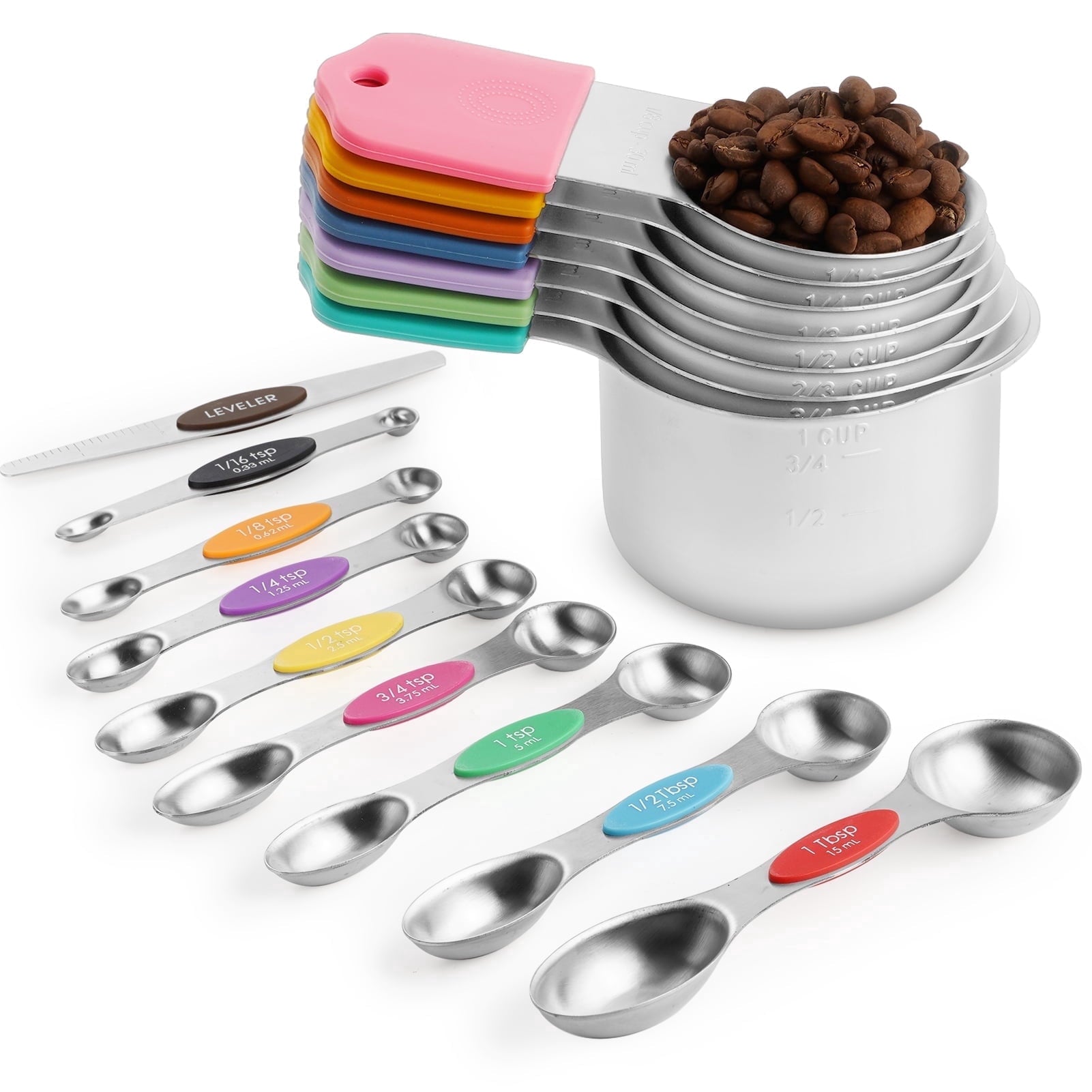 Lumikrypt 16 Piece Magnetic Measuring Cups and Spoons Set, Stainless Steel Nesting Metal Measuring Cups Set with Leve...