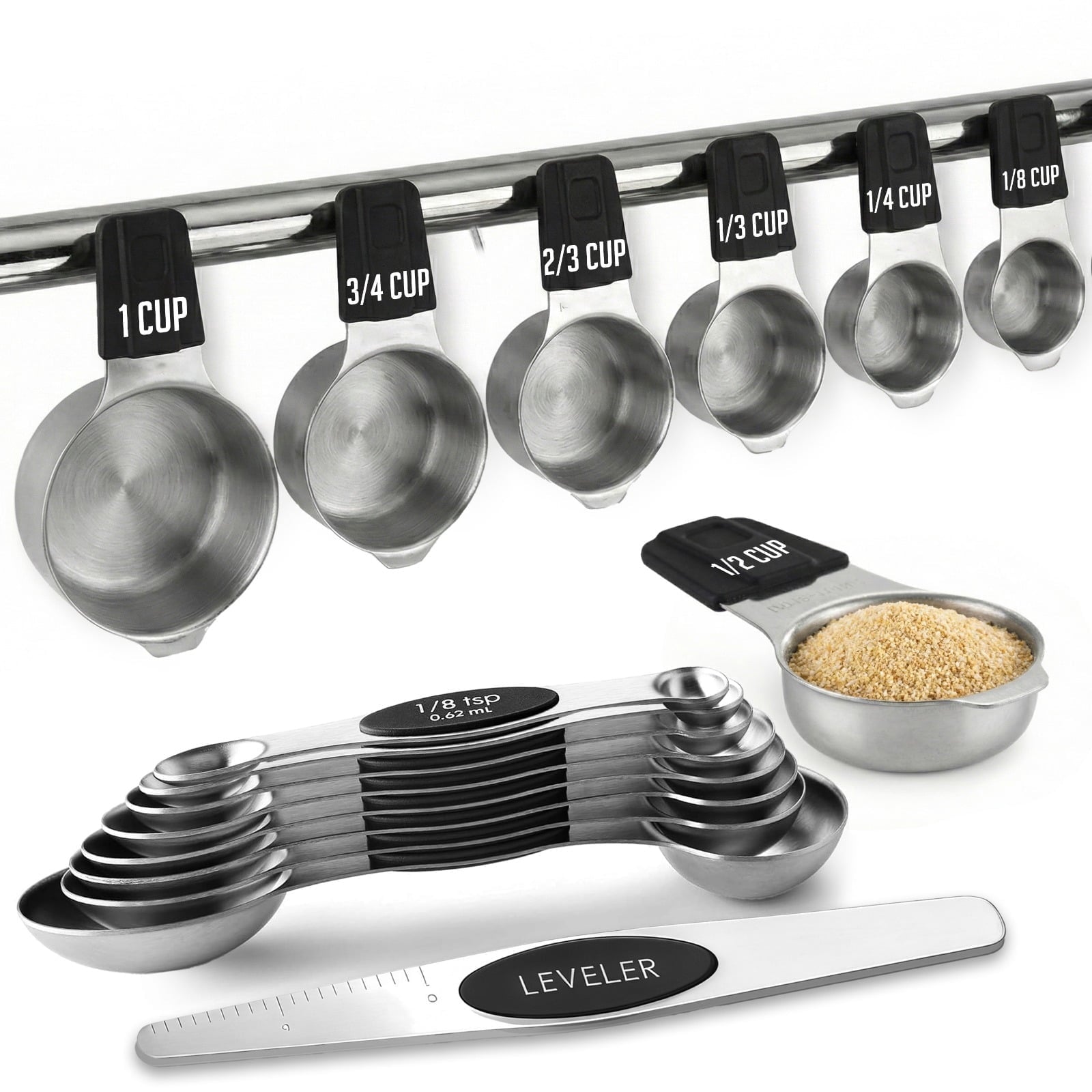 Magnetic Measuring Cups and Spoons Set, Stainless Steel with Easy-to-Read Markings, Dual-Sided N40 Magnetic Tool for ...